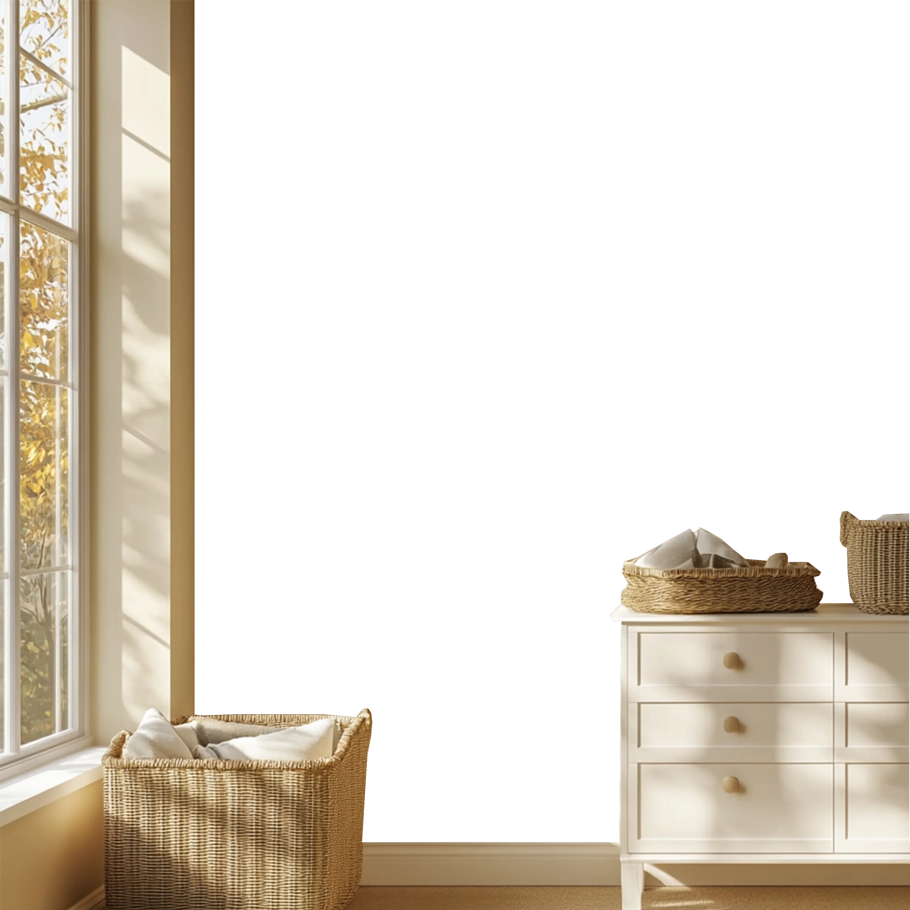 Custom striped wallpaper in a sunlit nursery with a woven basket and a cream chest of drawers